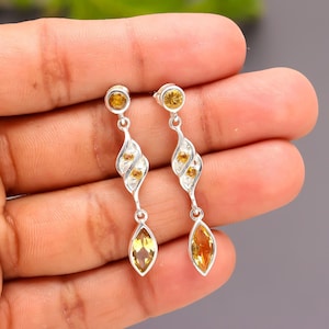 925 Sterling Silver Citrine Drop Earrings – Handmade Swirl Design Multi-Stone Yellow Gem Earrings Gift – November Birthstone Jewellery