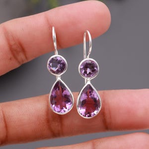 925 Sterling Silver Amethyst Double Drop Earrings Handmade Women Jewellery