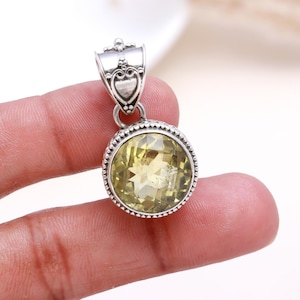 Lemon Quartz Silver Pendant, 925 Sterling Silver Vintage Necklace, Round Lemon Quartz Gemstone Handmade Jewelry, Anniversary Gift For Her