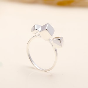 Silver Cube Ring, Trio Square Ring, 925 Sterling Silver Geometric Ring, Minimalist Stackable Ring, Birthday Gift for Women, Free Shipping