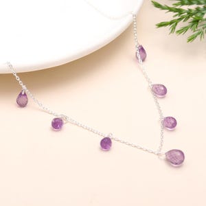 Amethyst Drops Necklace – Sterling Silver Chain, Natural Faceted Amethyst Teardrop Beads Necklace, February Birthstone Jewelry, Gift for Her