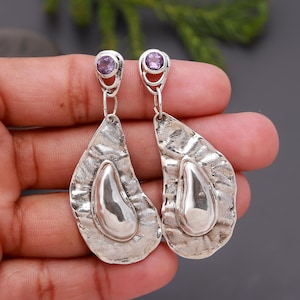 925 Sterling Silver Pearl and Amethyst Drop Earrings | Handmade Gemstone Dangle Earrings | Unique Artisan Silver Jewellery