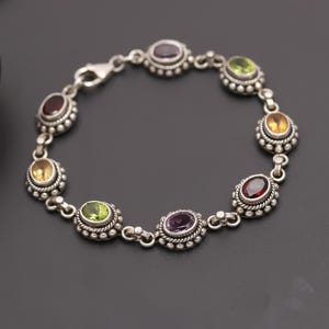 Sterling Silver Multi Gemstone Bracelet – Garnet, Amethyst, Citrine, Peridot – Handmade Boho Chain Bracelet