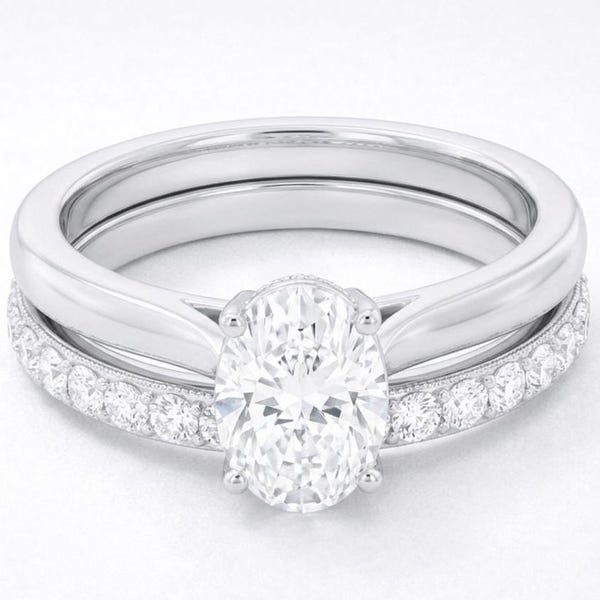 925 Sterling Silber Oval Moissanit Ring Set, Verlobungsring mit Passender Band, Brautring Set, Hochzeitsring für Frauen