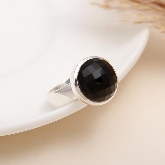 Bague En Argent 925 Avec Onyx Facetté Noir - Taille 55 - Occasion - Pierre Fine