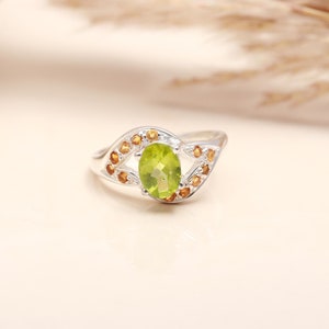Natural Peridot Citrine Ring | Multi Stone Gemstone Ring | 925 Sterling Silver | August & November Birthstone Ring | Birthday Gift for Her