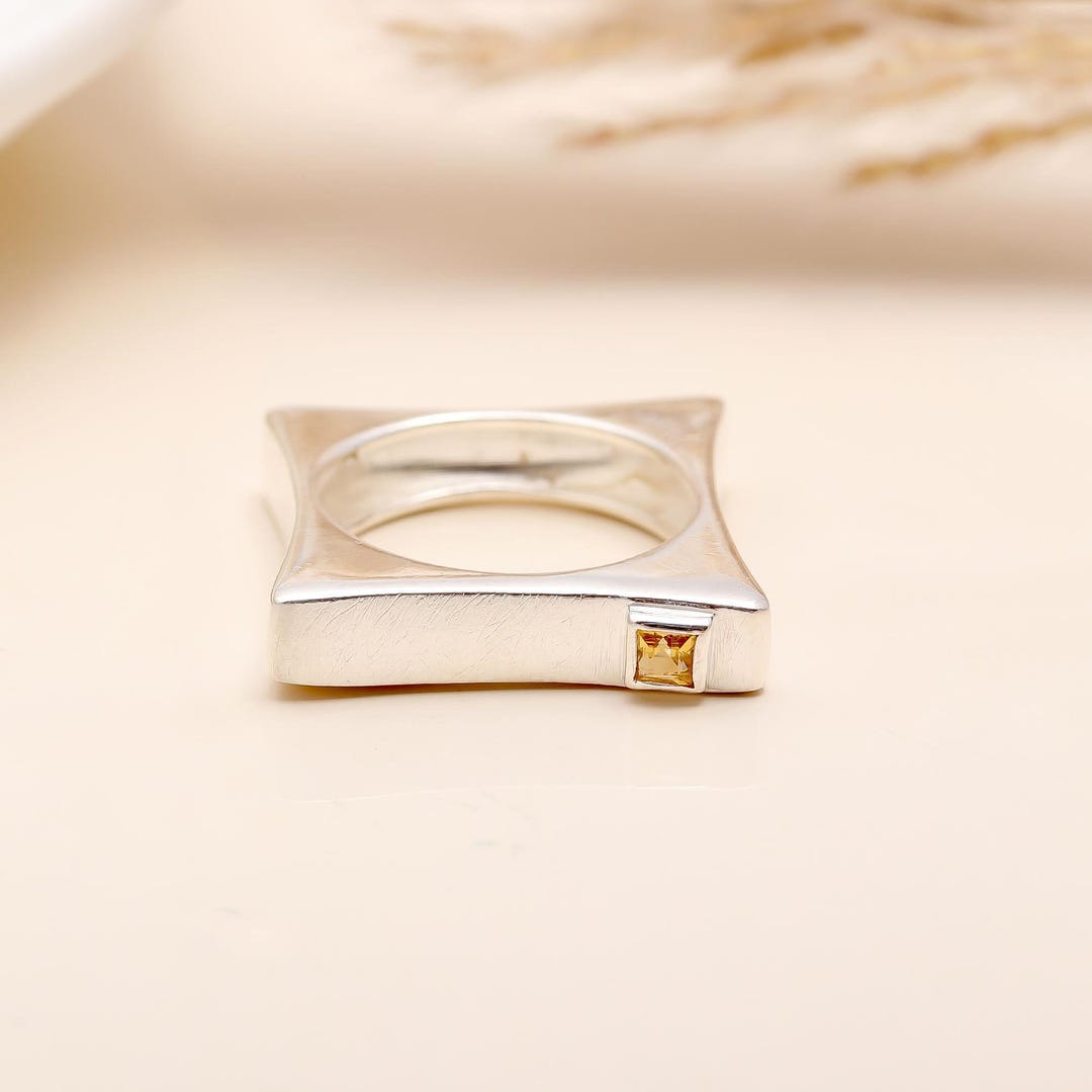 Sterling Silver Square Band Ring • Modern Geometric Ring With Citrine ...