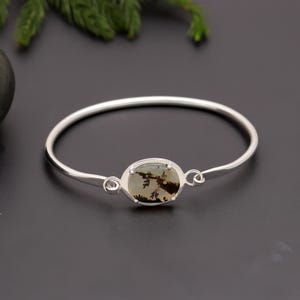 Scenic Agate Silver Bracelet | 925 Sterling Silver Natural Dendritic Agate Bangle | Handmade Minimalist Bracelet