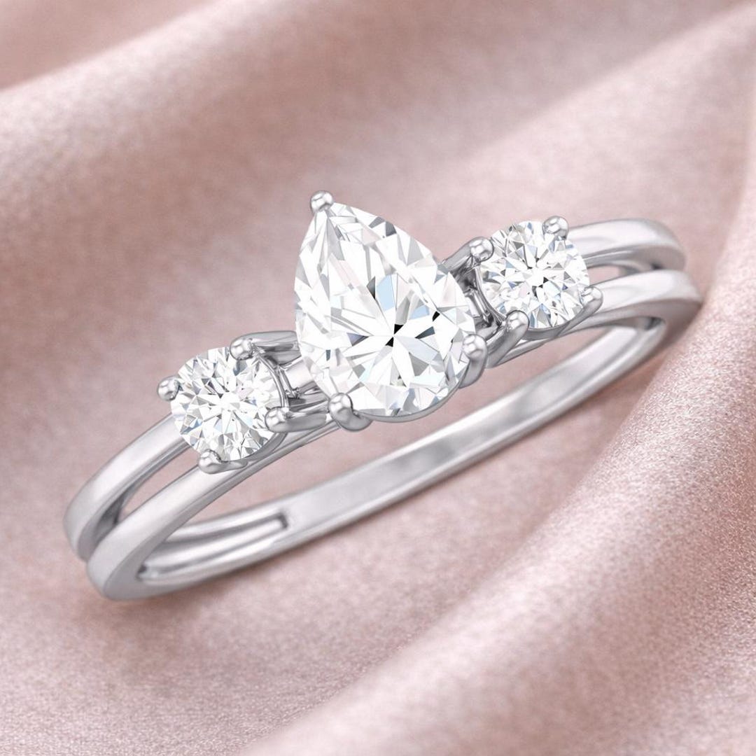 Pear Cut Moissanite Three Stone Engagement Ring 925 Sterling Silver ...