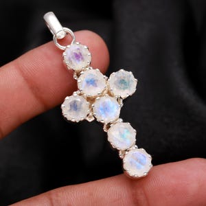 天然ムーンストーンクロスネックレス、スターリングシルバー
