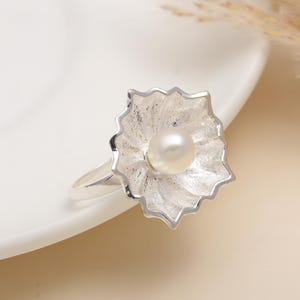 White Pearl Flower Ring | Solid 925 Sterling Silver Textured Petal Ring | Handmade Pearl Ring for Women | June Birthstone Jewelry Gift