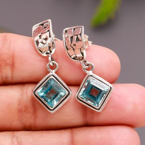 925 Sterling Silver Blue Topaz Drop Earrings – Handmade Square Gemstone Earrings Gift – December Birthstone Jewellery