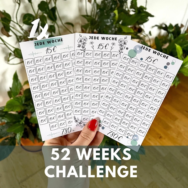Jede Woche 15Euro sparen Challenge 52 Weeks Herausforderung A6 Print