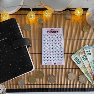 May include: A black planner with white polka dots and the word "PLANS" written on the front. A pink and white sticker with the text "New PHONE!" and a phone icon is on a bamboo mat with string lights. There are also euro bills and coins on the mat.