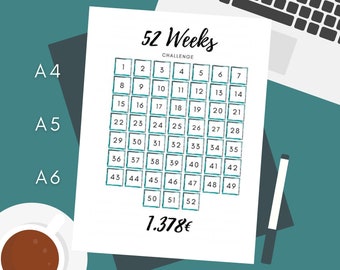 52 Weeks Challenge Tracker visualize savings goals and achievements A4 - A5 - A6 PDF
