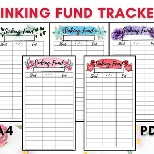Könnte beinhalten: Druckbarer Sinking-Fund-Tracker mit vier verschiedenen Blumendesigns. Jeder Tracker hat einen Bereich für Start-, Plus- oder Minus- und Endbeträge. Der Text "Sinking Fund" befindet sich oben auf jedem Tracker. Der Text "A4" befindet sich in der linken unteren Ecke und "PDF" in der rechten unteren Ecke.
