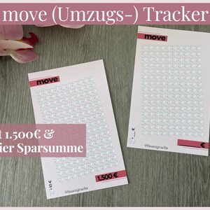 Könnte beinhalten: Ein rosa druckbarer Umzugstracker mit 1.500 Kästchen zum Abhaken. Der Tracker hat den Text "move" und "@finanzgraefin" darauf. Der Text "mit 1.500€ & freie Sparsumme" befindet sich am unteren Rand des Trackers.