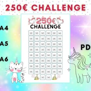 250Euro Challenge Tracker Sparziele und Erfolge visualisieren A4 - A5 - A6 Unicornstyle PDF