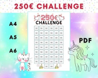 250Euro Challenge Tracker Visualize savings goals and successes A4 - A5 - A6 Unicornstyle PDF
