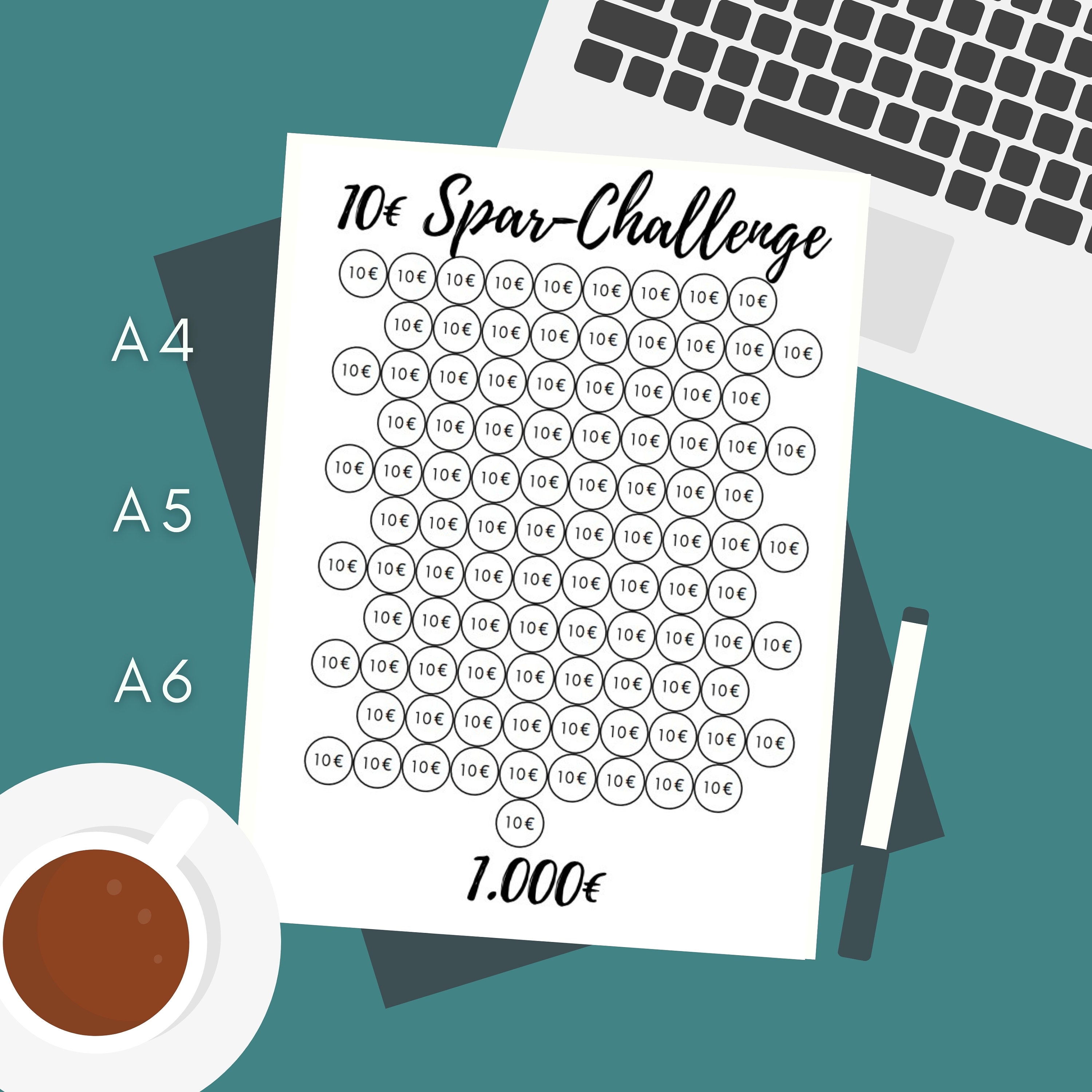 10Euro bill Sparchallenge Tracker save money challenge A4 - A5 - A6 PDF