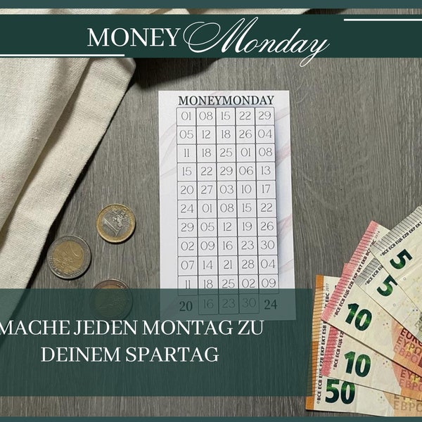 Money Monday Kleingeld Sparchallenge Tracker Geld sparen Herausforderung passend für A6 Umschläge