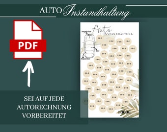 Könnte beinhalten: Eine druckbare PDF-Checkliste für die Autowartung. Die Checkliste enthält eine Zeichnung eines Autos mit Pfeilen, die auf verschiedene Bereiche des Autos zeigen, wie z. B. Reifen, Motor und Lichter. Die Checkliste enthält auch ein Raster von Kreisen mit dem Text "20€" in jedem Kreis. Die Gesamtkosten der Checkliste betragen 1.000€. Der Text "Auto Instandhaltung" befindet sich oben auf der Checkliste.