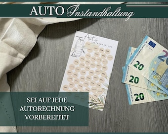 Könnte beinhalten: Ein weißes Blatt Papier mit einer Tabelle zur Verfolgung der Wartungskosten für ein Auto. Die Tabelle enthält eine Autoillustration und Kreise mit dem Text "200" in jedem Kreis. Das Papier liegt auf einer Holzoberfläche mit drei 20-Euro-Scheinen.