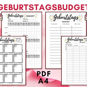 May include: Printable birthday budget planner with sections for a birthday calendar, a budget tracker, and a sinking fund. The planner is decorated with colourful balloons and a birthday cake.