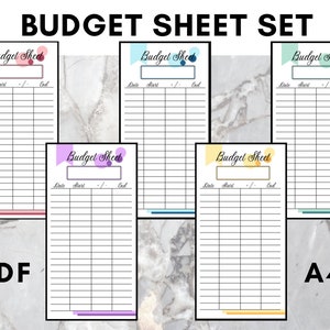 May include: Set of five printable budget sheets in A4 size. Each sheet has a different color scheme with a title "Budget Sheet" and a section for date, start, and end. The sheets are designed for personal or business use.