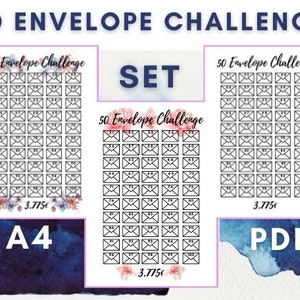 以下が含まれることがあります： 3枚の50封筒チャレンジシートの印刷可能なセット。各シートには、1から100までの番号が付けられた50封筒のグリッドがあります。シートには「50 Envelope Challenge」というラベルが付けられており、花柄のデザインが施されています。「SET」、「A4」、「PDF」のテキストも含まれています。