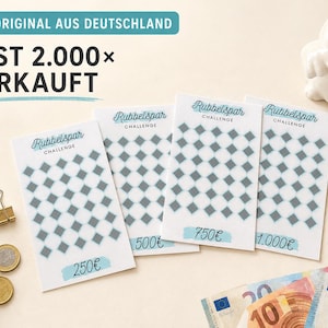 Könnte beinhalten: Vier weiße, rechteckige Spar-Challenge-Karten mit dem Text Rubbelspar Challenge und einem Raster aus grauen Rubbelfeldern. Jede Karte zeigt einen blau markierten Betrag von 250€, 500€, 750€ oder 1.000€. Text: DAS ORIGINAL AUS DEUTSCHLAND FAST 2.000x VERKAUFT.