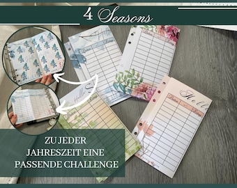 Puede incluir: Insertos de planificador con diseños florales y de temporada. Los insertos incluyen páginas rayadas para notas y una carpeta de anillas. El texto incluye "4 Seasons", "Hello" y "Zu Jeder Jahreszeit Eine Passende Challenge".