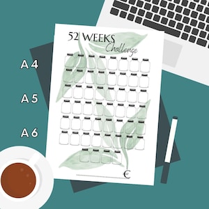 Blank 52 Weeks Challenge Tracker visualize savings goals and achievements green A4 - A5 - A6 PDF