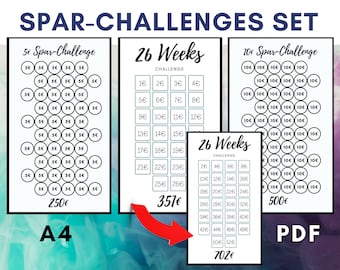 Sparchallenge Set Tracker save money challenge A4 PDF 10Euro, 5Euro & 26 Weeks Challenge