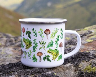 Whimsical Frog Enamel Mug | Cottagecore Decor Mushroom Camping Coffee Mug | Woodland Camp Cup