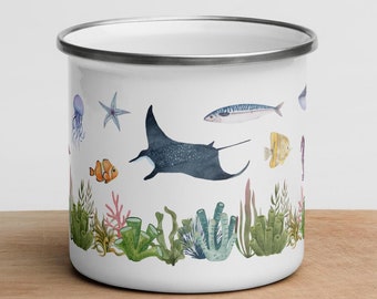 Under the sea enamel mug nautical decor | Ocean unique coffee mug shark gift | Fish camping mug beach themed gifts