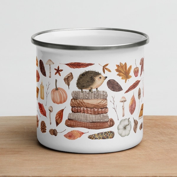 Fall coffee mug hedgehog gifts cottagecore decor | Enamel camping mug cozy autumn home decor | Cute hot chocolate mug unique gifts for her