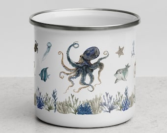 Octopus enamel mug ocean inspired style | Under the sea coffee mug beachy decor | Camping beach mug nautical decor