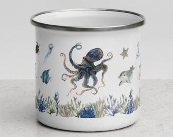Octopus Enamel Camping Mug: Ocean Nautical Decor