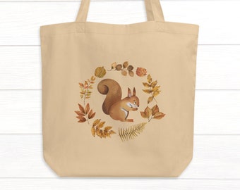 Cute fall tote bag aesthetic squirrel gifts presents for mom | Cottagecore canvas shoulder bag eco friendly gifts for women unique