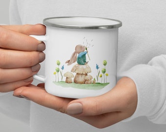 Cute bunny coffee mug fairycore unique gifts for her | Cottagecore easter enamel mug | Dandelion mushroom cup rabbit lover gift