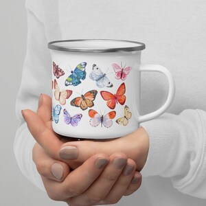 Cute butterfly enamel mug mothers day gifts for mom | Watercolor camping coffee mug cottagecore decor unique gifts for women