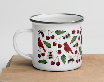 Cherry coffee mug cottagecore decor bee gifts for women | Cute cardinal bird enamel camping mug unique gifts for friends