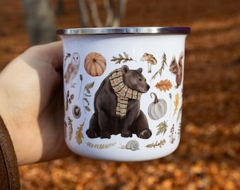Cozy fall enamel mug cottagecore decor | Cute bear camping mug thanksgiving gift for her | Autumn coffee cup pumpkin decor