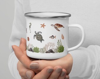 Sea turtle gifts enamel camping mug unique gifts for friends | Cute ocean inspired style coffee mug beachy nautical decor