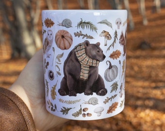 Cosy Bear herfst koffiemok Cottagecore Decor | Keramische herfstmok Thanksgiving-gastheercadeau