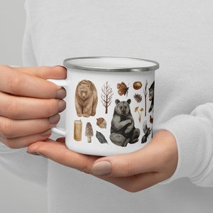 Bear mug dark cottagecore decor | Forestcore enamel mug bear gifts camper decor | Woodland animals camping mug best gifts for him
