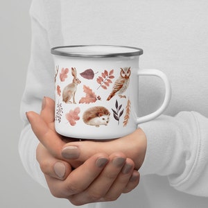 Fairycore woodland animals enamel mug danish pastel decor | Camping mug forest unique gifts for women | Cute coffee mug light academia