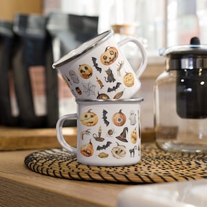 Halloween coffee mug whimsigoth decor | Spooky pumpkin camping enamel mug Halloween home decor unique gifts for friends