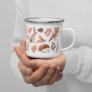 Waldtiere Emaille Camping Becher | Skurriler Lager-Becher Cottagecore Dekor | Wald Reise Kaffeetasse